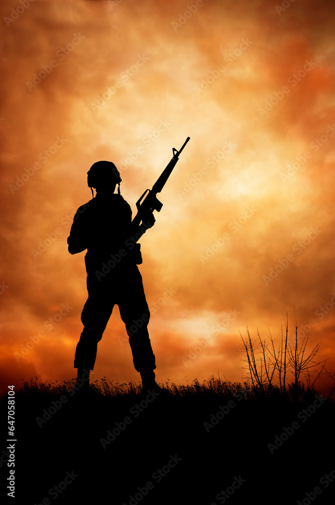 silhouette of a soldier on a hill with a gun silhouette of a soldier on a hill with a gun