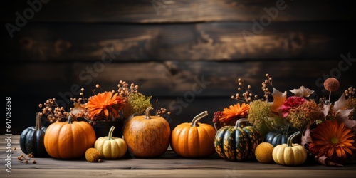 Thanksgiving invitation background with pumpkins and gourds. Room for copy. Concept  fall harvest