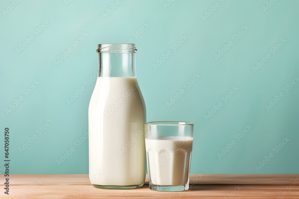 Bottle of milk and glass of milk on table on color background. Bottle of milk and glass of milk on table on color background.