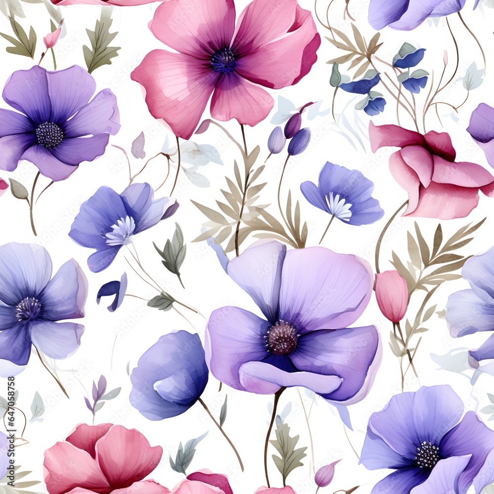 Colorful flower and leaves in watercolor seamless pattern background.