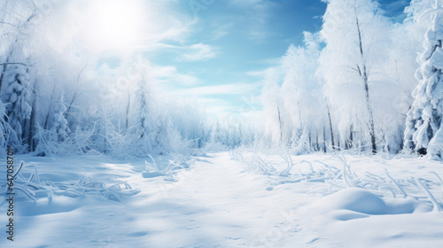 a fairytale winter landscape with lots of fresh snow and a blue sky