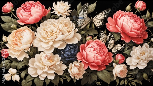 "Vintage Elegance: Exquisite Floral Composition with Delicate Butterflies on Striking Black Background"
