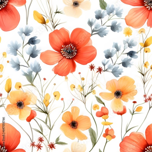 Colorful flower and leaves in watercolor seamless pattern background.