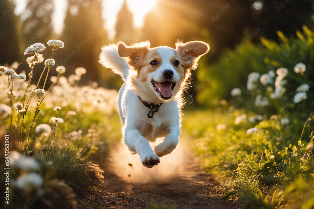 Cute puppy running in the garden at sunset. - obrazy, fototapety, plakaty 