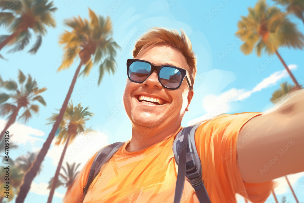 Man with backpack taking selfie with palm trees in background. Great for travel and vacation concepts.