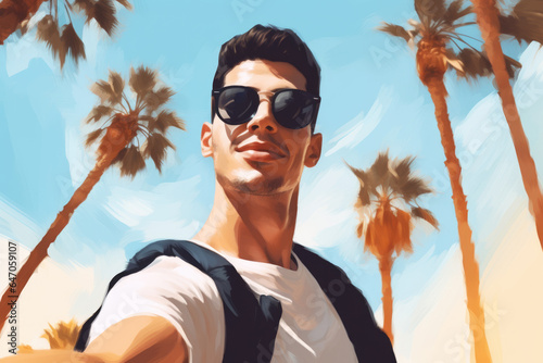 Painting of man wearing sunglasses and carrying backpack, capturing selfie. This image can be used to depict modern traveler or person enjoying their vacation. © vefimov