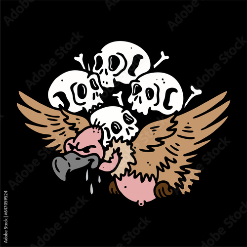 illustration vector of vultures bird and skulls head bones	
