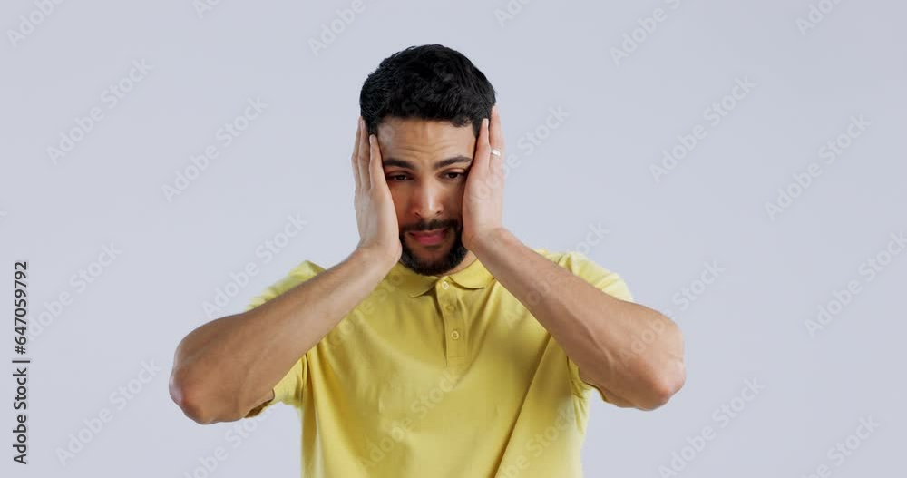 Man, mistake and hand on face for problem in studio with frustrated expression and facepalm gesture on white background. Disappointed, person and shame emoji for feedback, review or customer report Man, mistake and hand on face for problem in studio with frustrated expression and facepalm gesture on white background. Disappointed, person and shame emoji for feedback, review or customer report