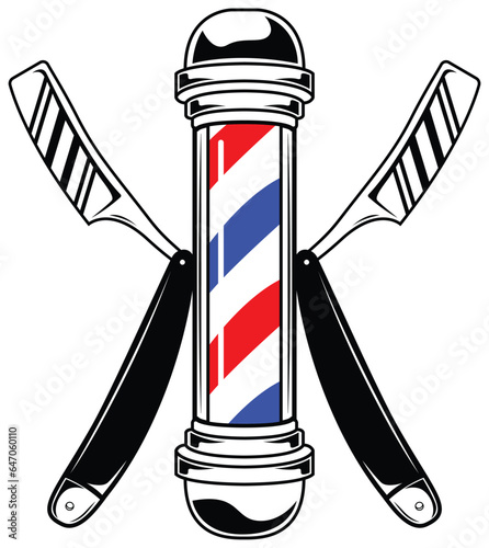 Barbershop pole and shaving knife. Logo with crossed Shaving Knife. Elements for logo, label, emblem, sign, badge.	
