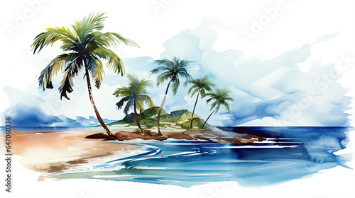 Holiday summer travel vacation illustration - Watercolor painting of palms, palm tree on teh beach with ocean sea photo