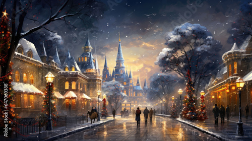 A cozy town in winter with festive lights © jr-art