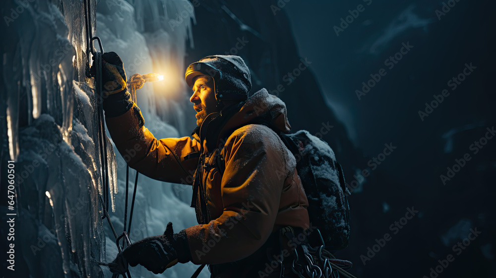 A mountaineer climbs a mountain in winter