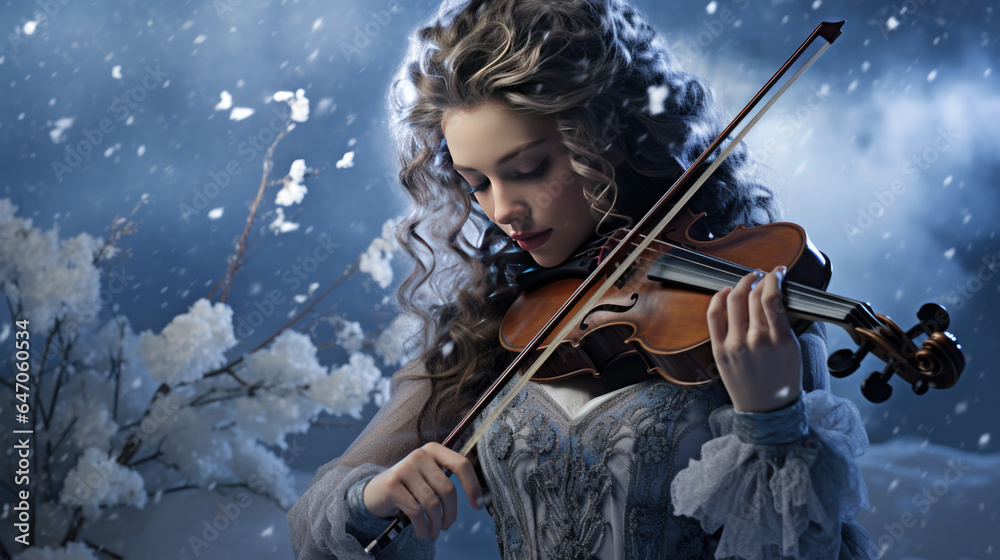 pretty violin player in winter