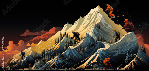 creative illustration of mountains and skiers