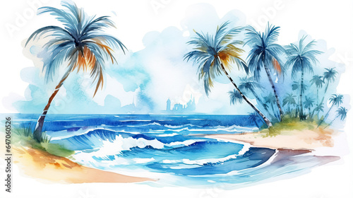 Holiday summer travel vacation illustration - Watercolor painting of palms  palm tree on teh beach with ocean sea