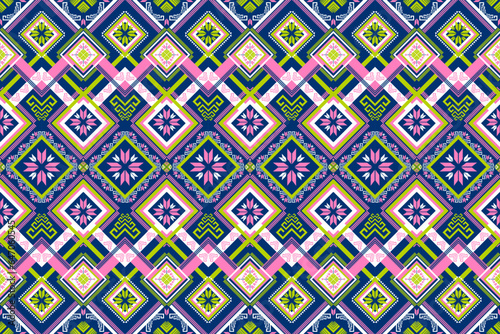 Geometric symmetry ethnic oriental pink green indigo background motifs seamless pattern Design for background, wallpaper, clothing, wrapping, batik, print, cloth, carpet, fabric, textile, embroidery