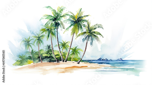 Holiday summer travel vacation illustration - Watercolor painting of palms  palm tree on teh beach with ocean sea