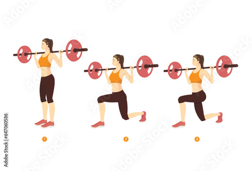 sport woman doing barbell lunges exercise pose by weight bar in 3 steps. free weight exercise at the shoulder weight lifting equipment.