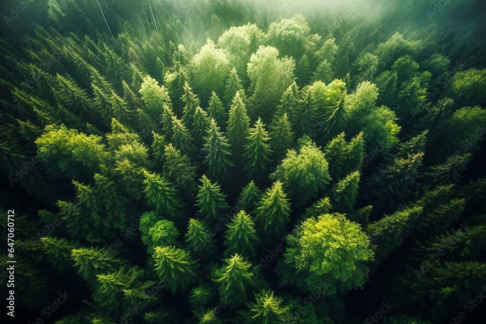 Magnificent mountain and forest scenery illustration from the sky, as if shot by a drone.