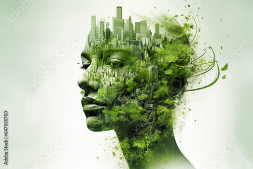 Conceptual sdgs image that blends elements of city life, nature, and environmental sustainability into the human face. Sustainable environmental in urban living. Fictional model.