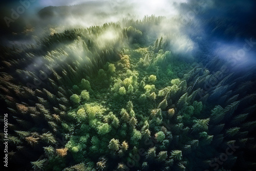 Magnificent mountain and forest scenery illustration from the sky, as if shot by a drone.