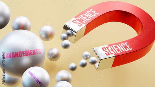 Science which brings Advancements. A magnet metaphor in which science attracts multiple parts of advancements. Cause and effect relation between science and advancements.,3d illustration