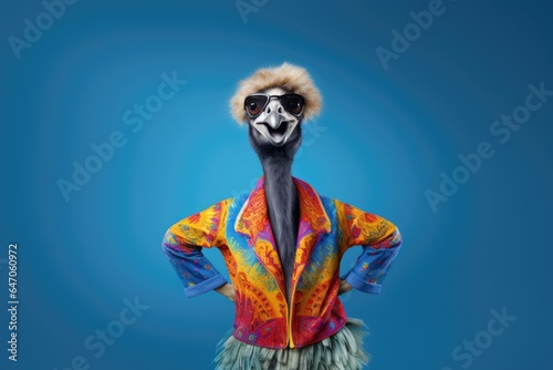 Ostrich wearing colorful clothes and sunglasses dancing 