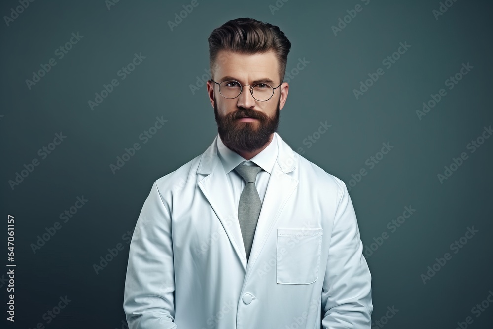 Male doctor wearing white long sleeved medical uniform. Isolated on dark gray background Male doctor wearing white long sleeved medical uniform. Isolated on dark gray background
