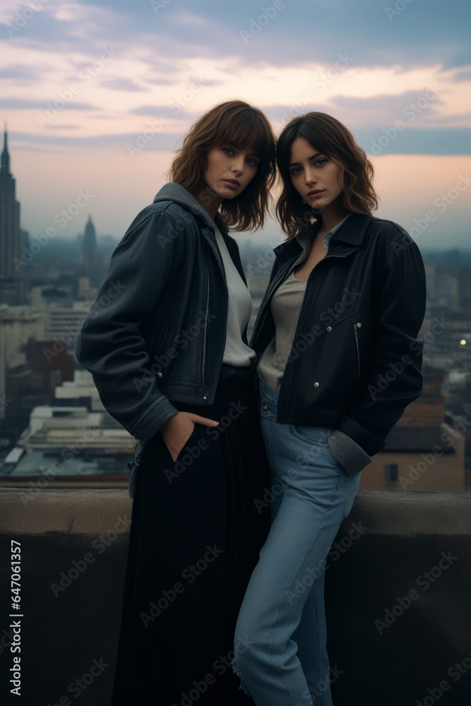 Two women standing on ledge in front of city. Two women standing on ledge in front of city.