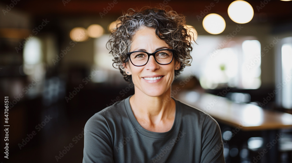 Mature woman smiling at a Cafe Mature woman smiling at a Cafe