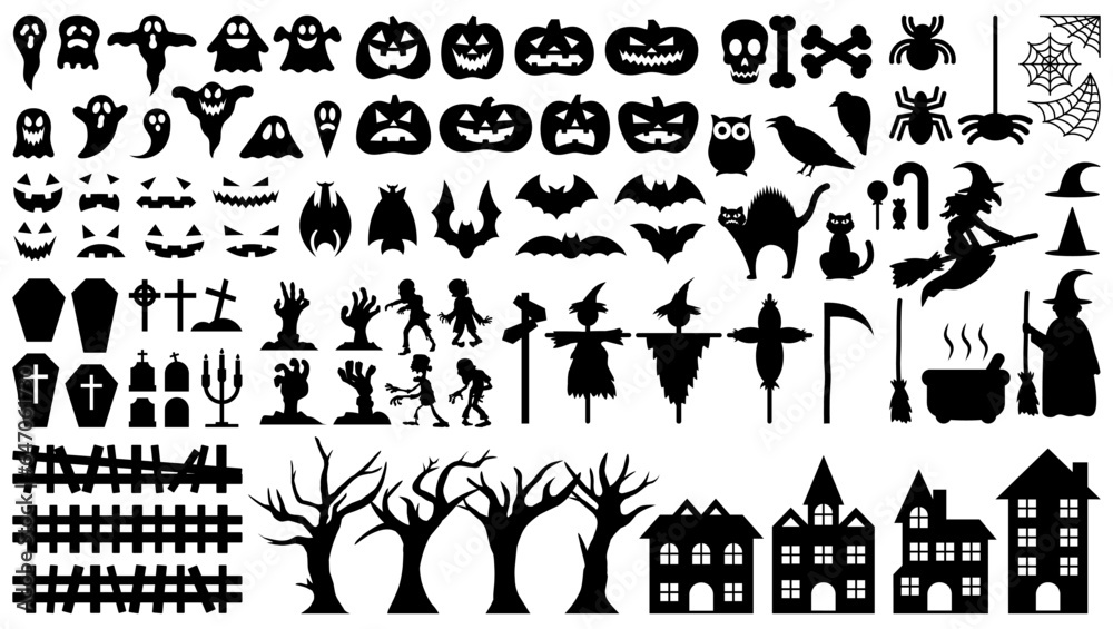 set of vector collection of silhouettes of halloween objects and symbols