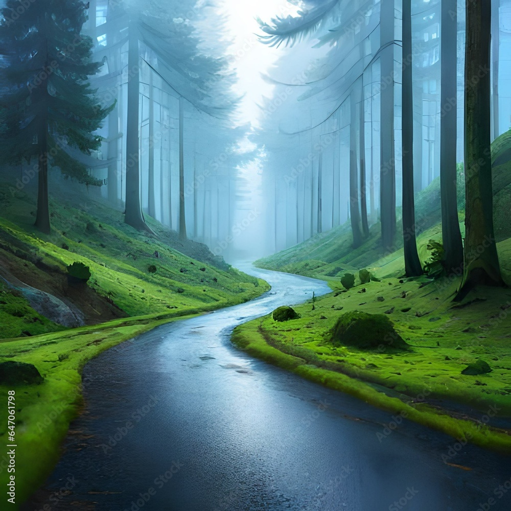 Fototapeta premium Mystical foggy morning after rain in a dense pine forest. Road in the mountain forest.AI generated