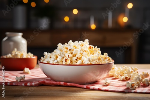 Bowl with popcorn on the kitchen table