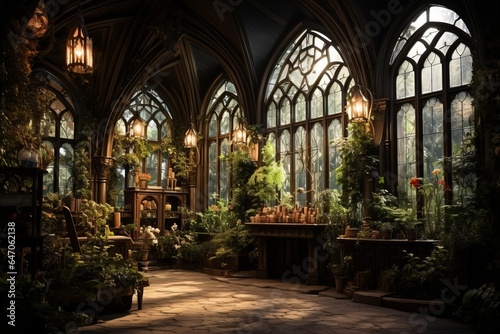 Fairy tale or magic medieval Greenhouse with cinematic lighting. Big windows. Like in Hogwarts © Denis