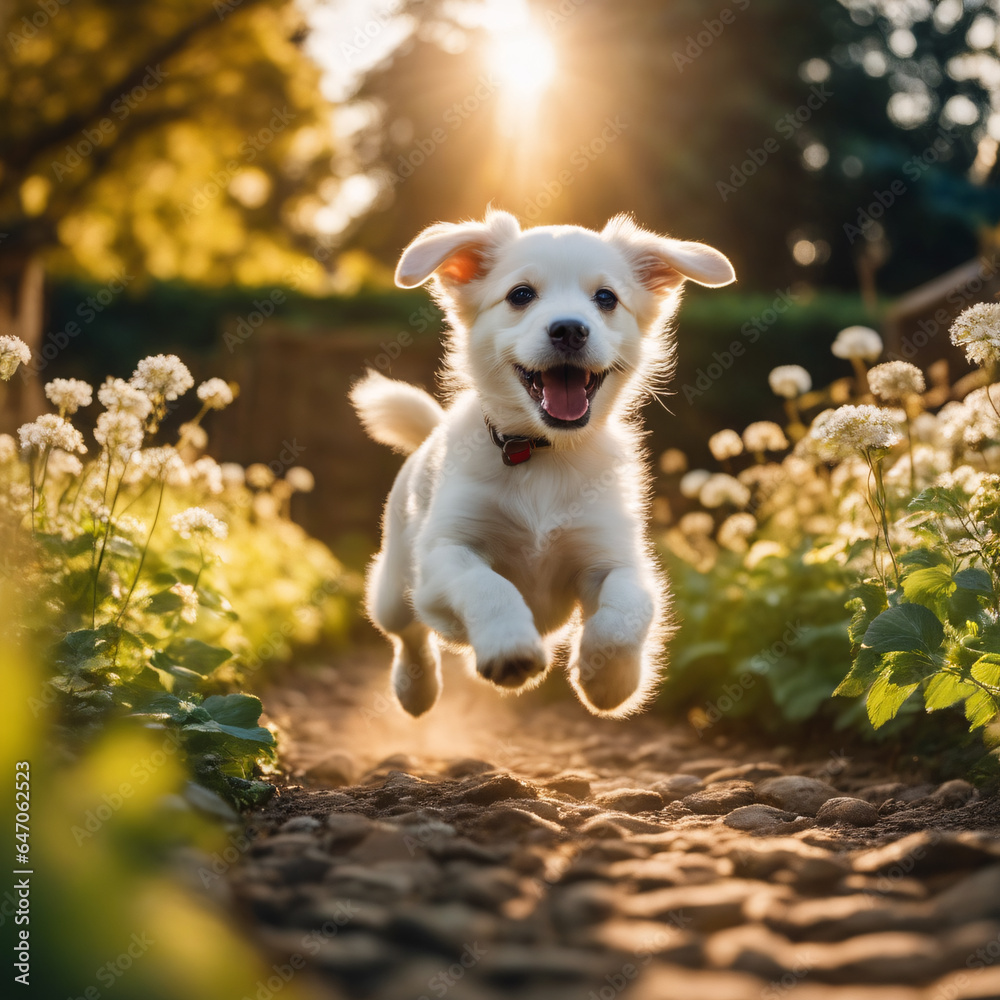 Cute puppy running in the garden at sunset.