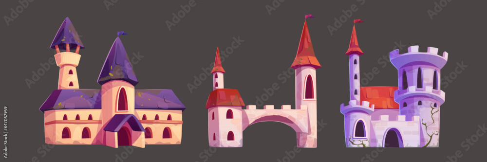 Medieval fairytale castle tower cartoon vector. Dirty fantasy kingdom palace icon set. Magic abandoned fortress building with vine clipart collection. Comic citadel architecture isolated on background