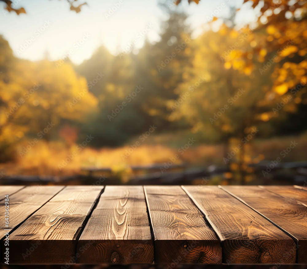 The empty rustic wooden table for product display with blur background of autumn forest. Made with generative ai The empty rustic wooden table for product display with blur background of autumn forest. Made with generative ai