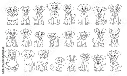 Big set of cute puppy in doodle style. Hand drawn dogs outline. Collection of little dog icons set. Vector illustration.