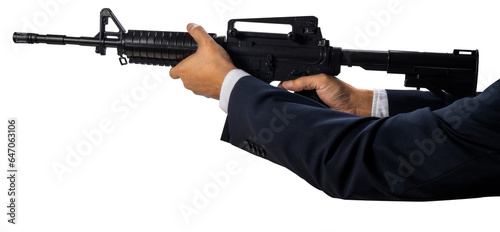 Hand Holding Automatic M 16 Machine Gun isolated on white background, Hand Holding Rifle Gun on White Background PNG File.