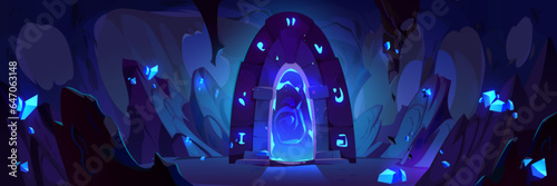 Fantasy portal to another world or game level in dark cave with stone walls and glowing gem crystals. Cartoon vector magic door or entrance to another dimension in rocky underground cave or dungeon.
