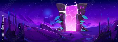 Fantasy portal - entrance to parallel reality, another dimension or level in game. Cartoon vector dream landscape with magical door made of stone glows pink from inside. Alien or wizard unreal world.