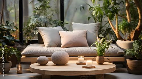 Beige velvet sofa with terra cotta cushions between houseplants. Wooden round coffee table near ottoman on knitted rug. Scandinavian interior design of modern living room