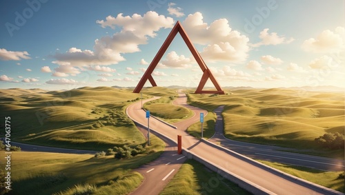 "Crossroads with diverging paths, symbolizing the choice between two directions. Convey the concept of selecting the right path for the journey ahead."