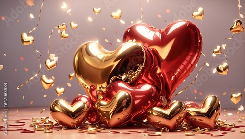 red gold hearts foil balloons gifts Valentines Day background © MdRifat