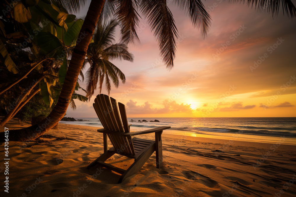 Beach chair with palm tree and sunset background