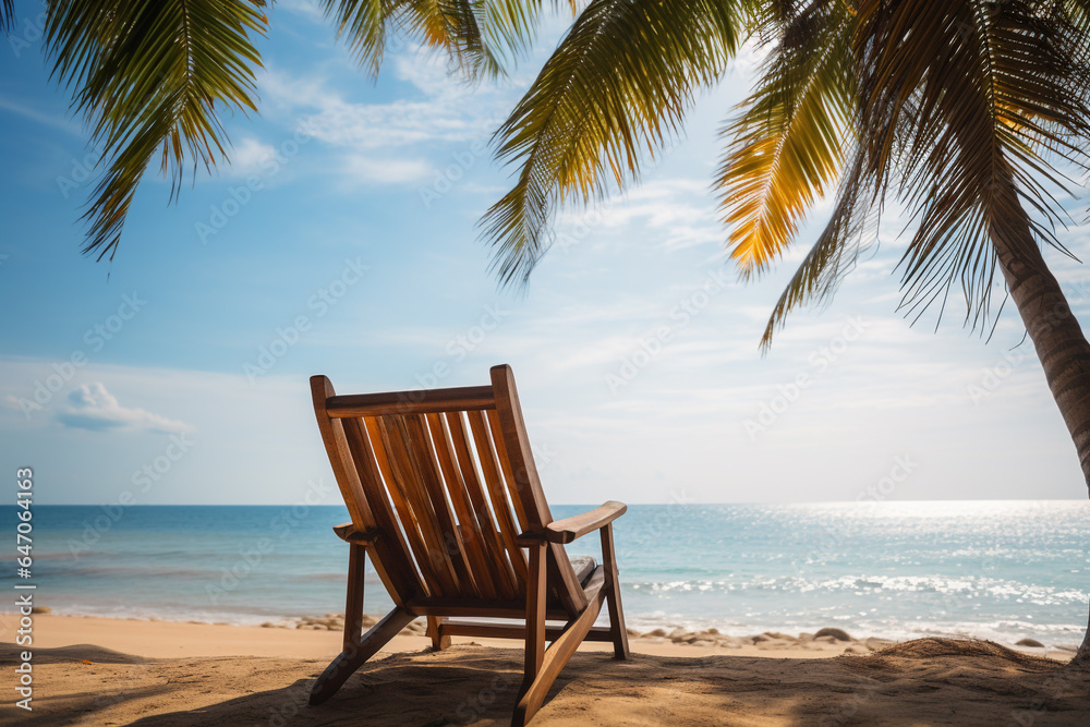 Beach chair with palm tree with sea background