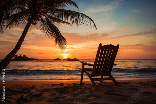 Beach chair with palm tree and sunset background