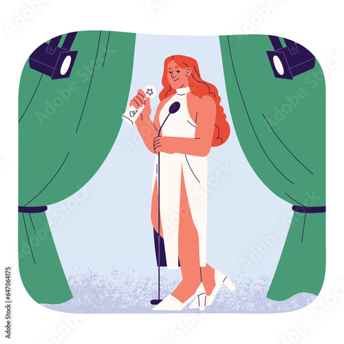 Handing award to young actress, woman standing with reward. Artist on stage after awarding, celebrity with trophy in spotlight. Public speech flat isolated vector illustration on white background