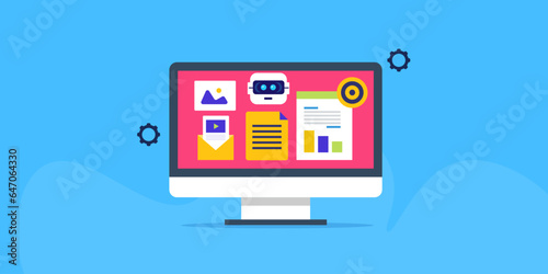 AI marketing software analysing business objective, data report and selecting right marketing strategy for revenue growth, automatic decision-making BI technology vector banner.