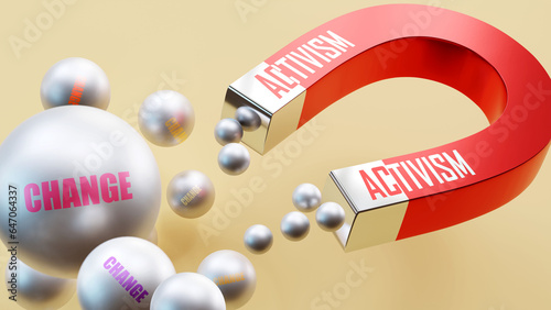 Activism which brings Change. A magnet metaphor in which activism attracts multiple parts of change. Cause and effect relation between activism and change.,3d illustration